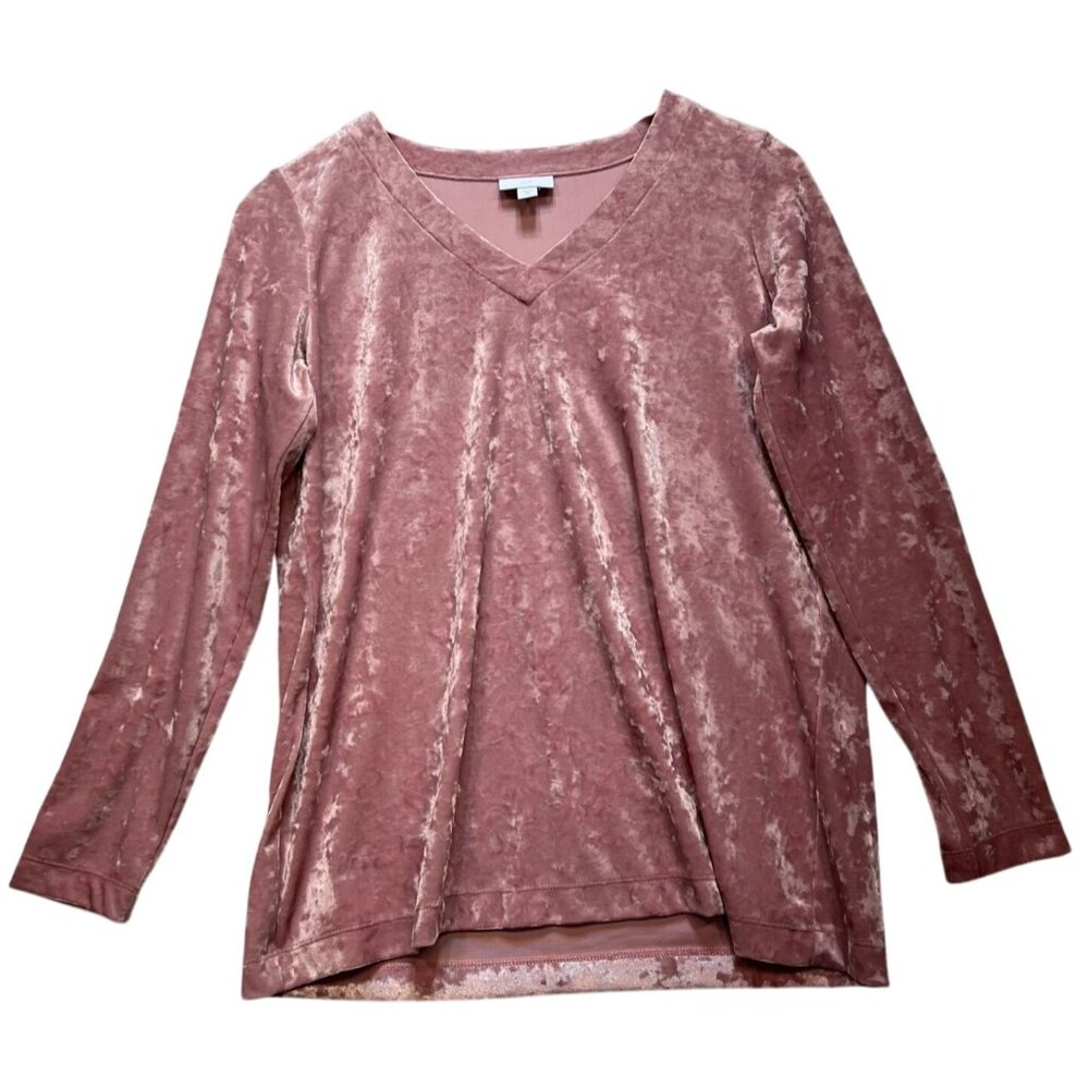 J. Jill Women's Soft Crushed Velvet Knit V Neck Top Long Sleeve Size XS Pink